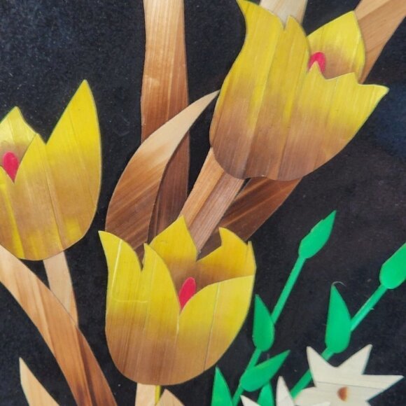 Chinese Asian Wheat Straw Wood Art Tulips Chicken Floral Yellow Red Framed 12x14 - Picture 3 of 5